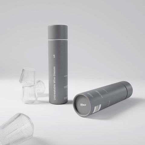 Display of Djuce Studio's unbreakable wine glasses suitable for retail shelves.